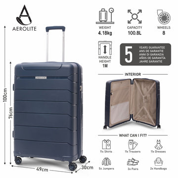 Aerolite Large 28in (100L) Lightweight Polypropylene Hard Shell Check-In Luggage Suitcase, 4 Dual Spinner Wheels, TSA Lock, Waterproof Pocket, Premium Travel Case - Navy